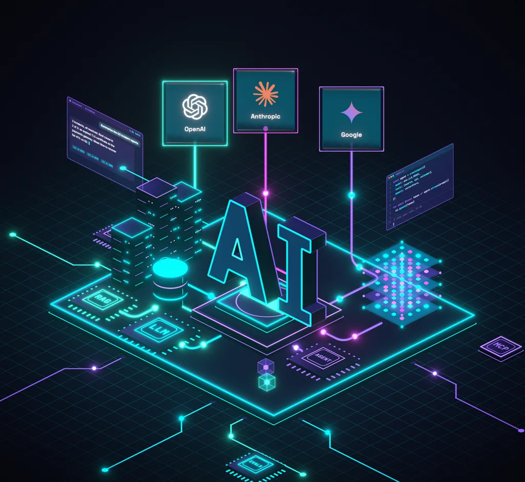 Isometric illustration of an AI platform: large neon AI letters on an inference core, tethered by glowing cables to floating OpenAI, Anthropic and Google badges, surrounded by LLM, RAG and AGENT processors, a GPU cluster, a vector store and transformer layers.