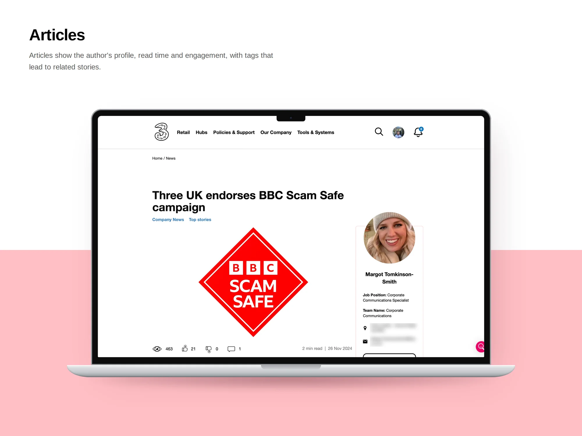 Three Intranet article: the author profile, read time, engagement counts and tags