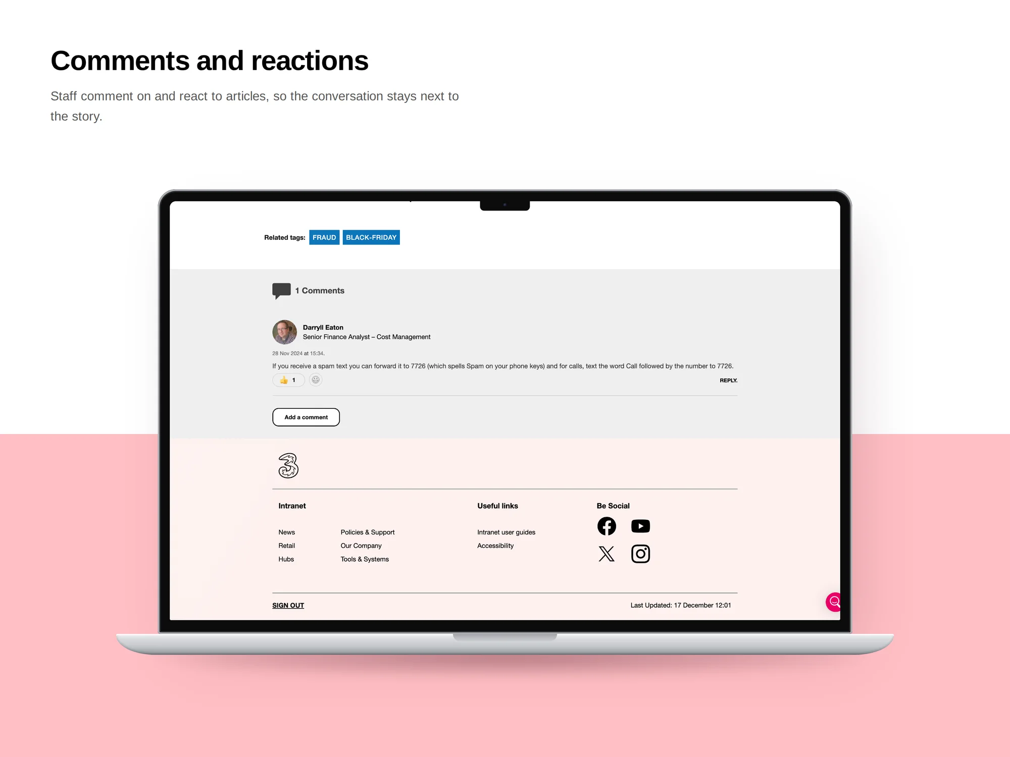 Three Intranet article comments: staff comments and emoji reactions beneath a story, above the site footer