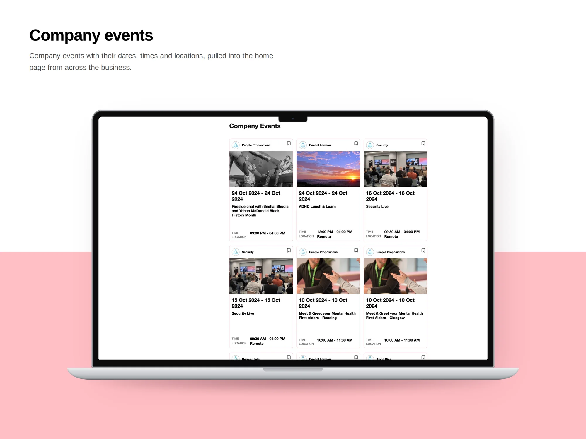 Three Intranet company events: events with their dates, times and locations