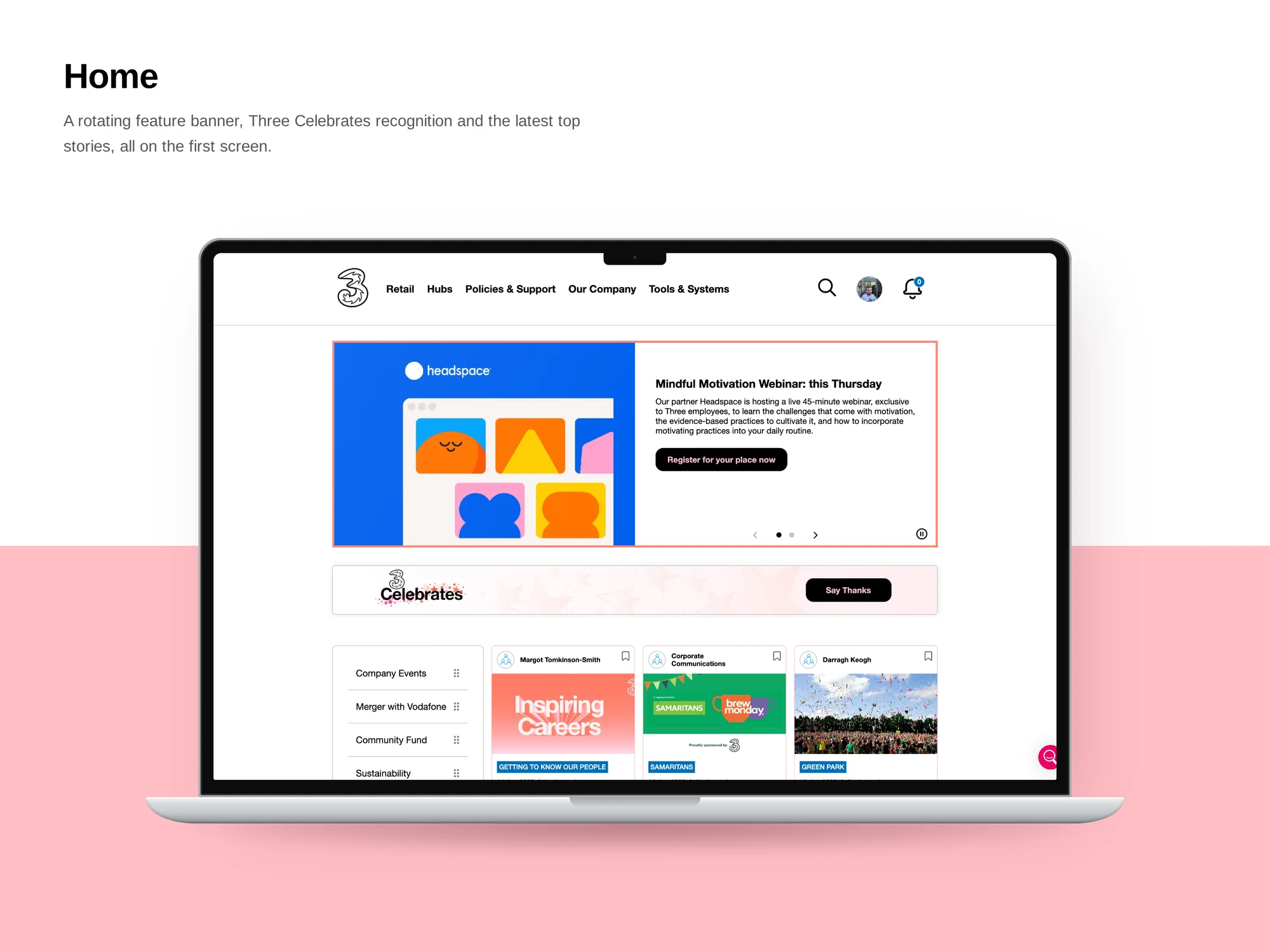 Three Intranet home: a rotating feature banner, Three Celebrates recognition and the latest top stories