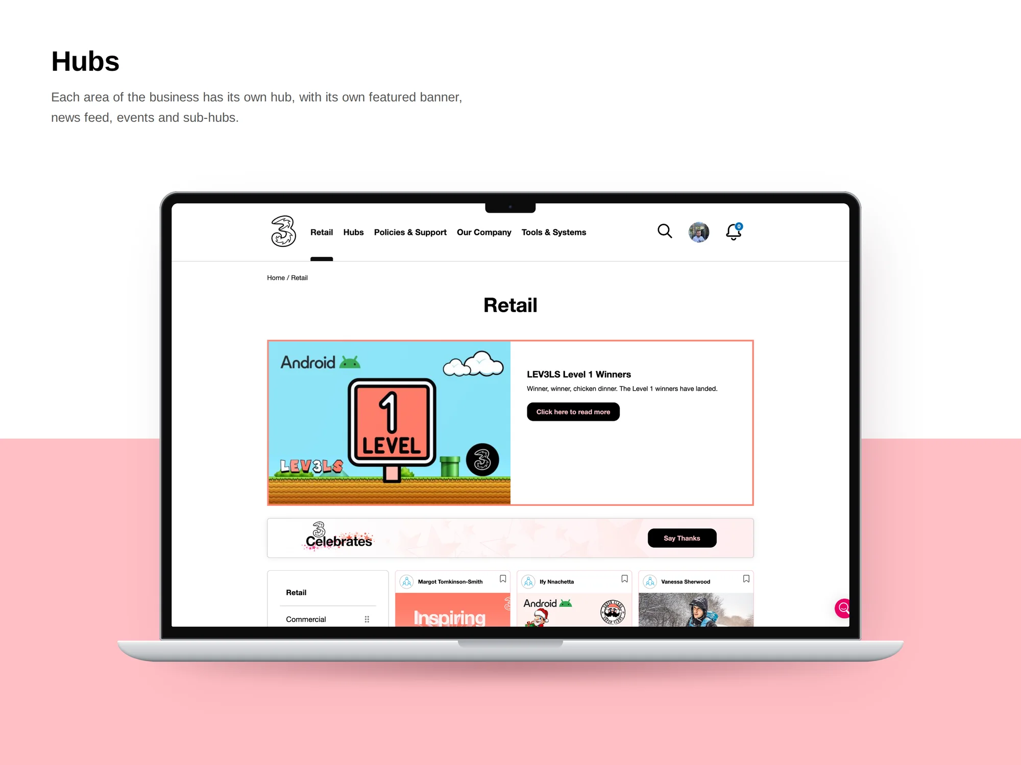Three Intranet hubs: a business area page with its own featured banner, news feed and sub-hubs