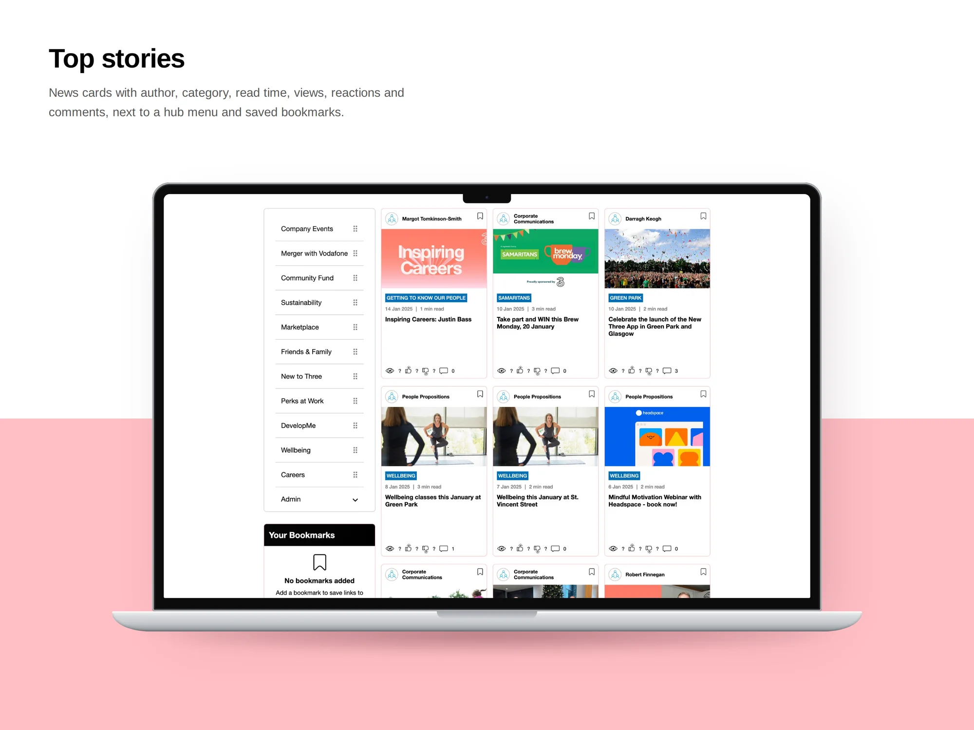 Three Intranet top stories: news cards with author, category, read time, views, reactions and comments, next to the hub menu and bookmarks