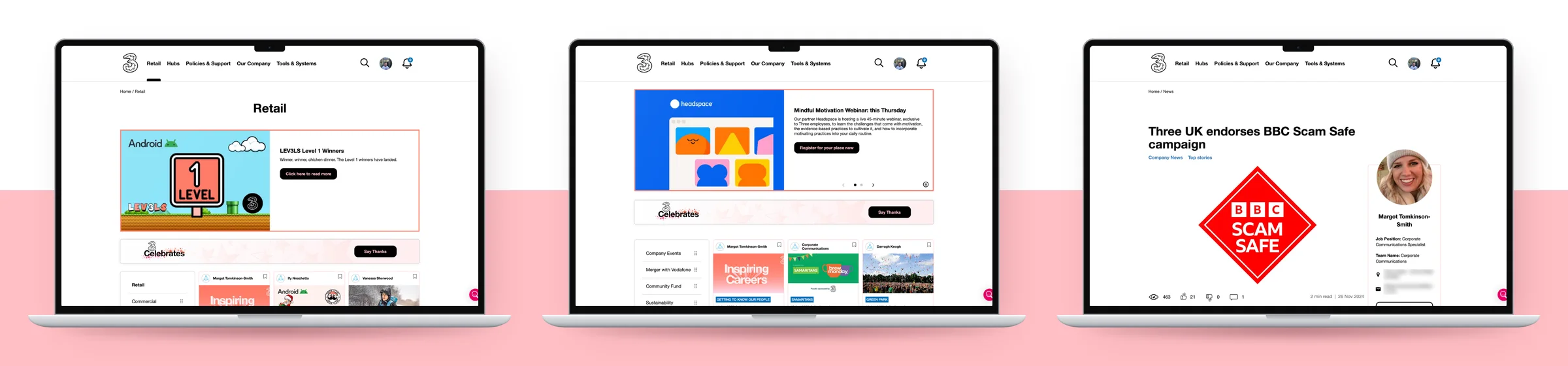 Three Intranet screens: the Retail hub, the home page and a news article
